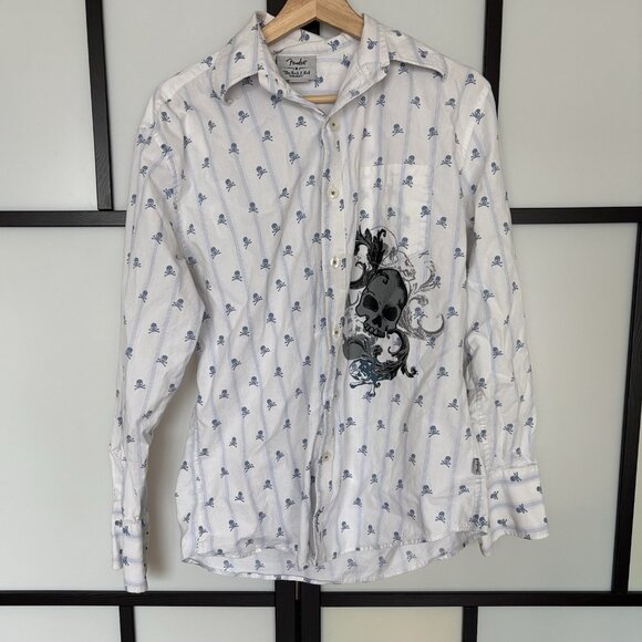 Fender White Button Down Shirt Mens Medium Rock Roll Skulls - Picture 2 of 16